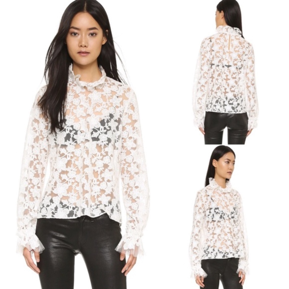 Alexis Embroidered Lace Ruffled Mock Neck Top